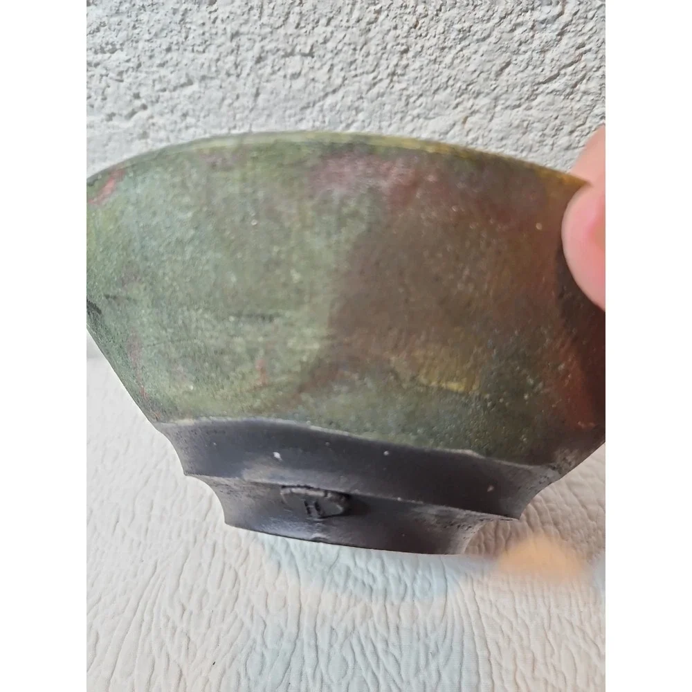 Large Raku Fired Centerpiece Bowl. Copper and Green Hues. Makers Mark. 9